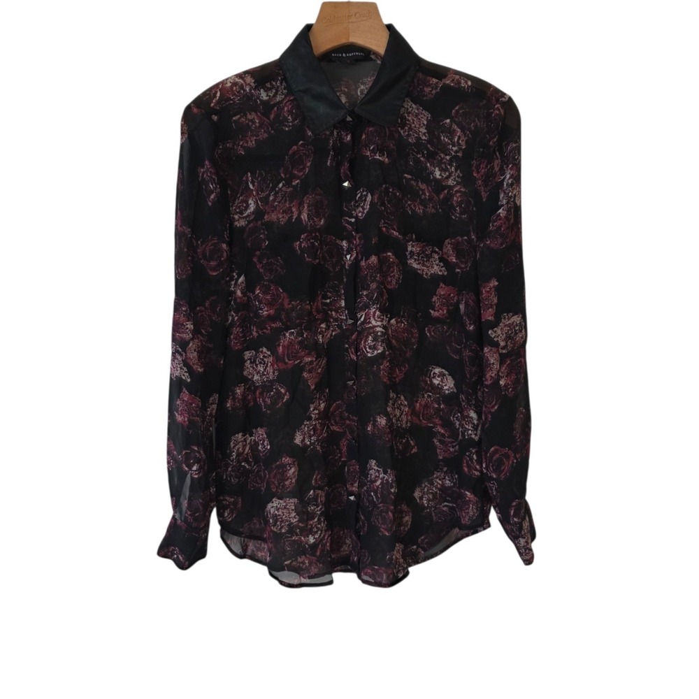 Rock And Republic Sheer Floral Shirt Metal Button Up Faux Leather Collar Small